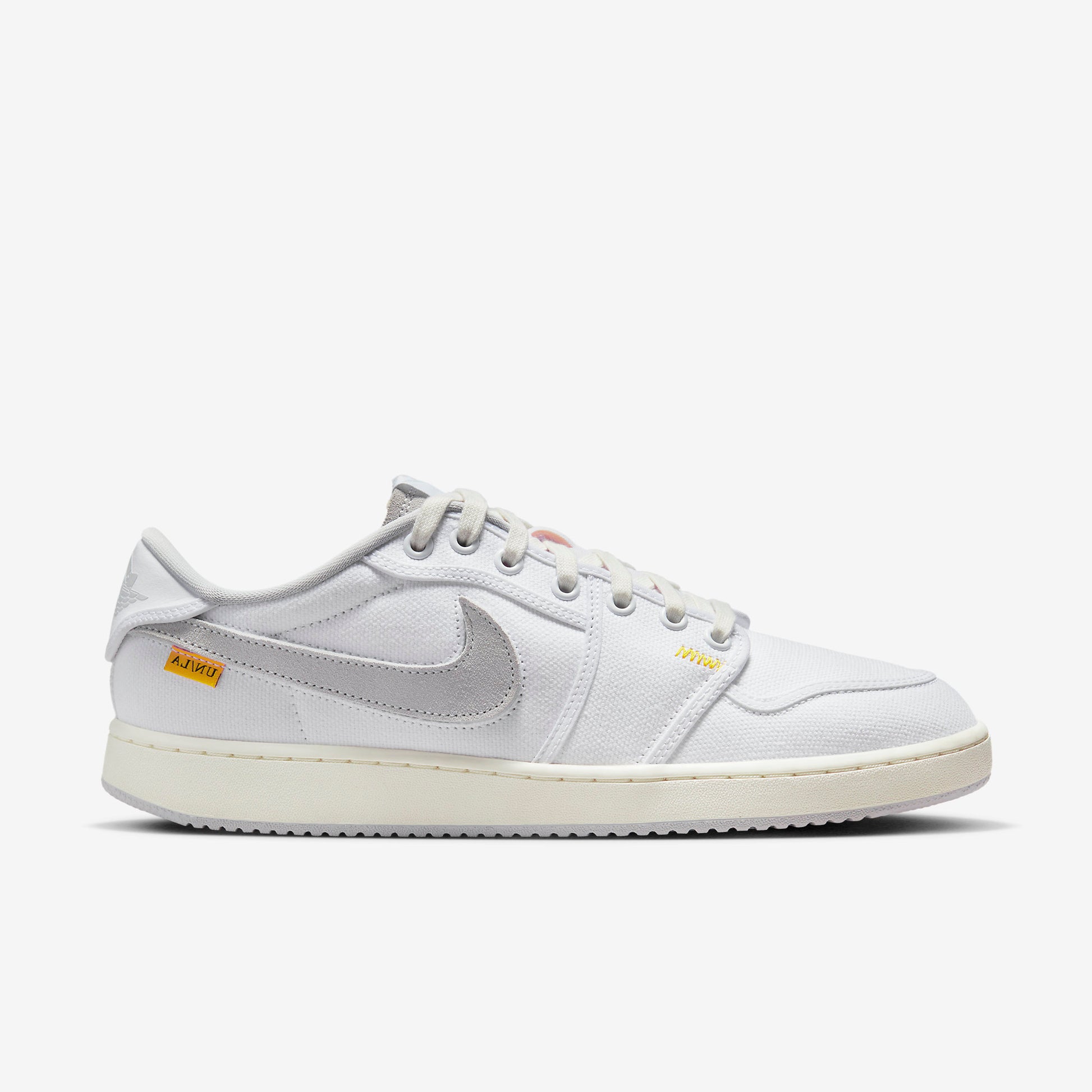Union x Nike Air Jordan AJKO 1 Low lateral view with white canvas and detachable Swoosh